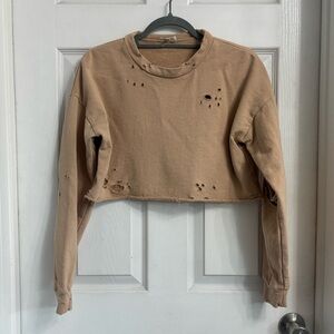 Mistress Rocks Risk Taker Distressed Tan Cropped Sweatshirt Size Small